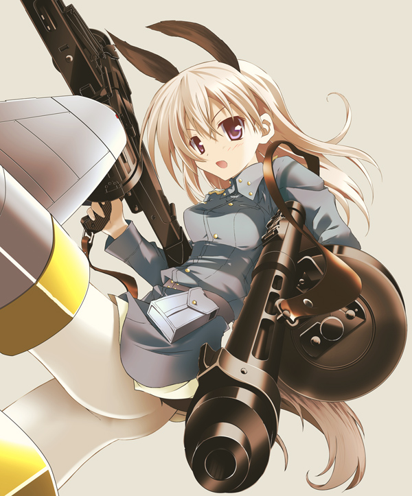 tsuchiyama niu, eila ilmatar juutilainen, strike witches, world witches series, uniform, 00s, 1girl, animal ears, ass, blonde hair, blue eyes, drum magazine, female focus, gun, long hair, machine gun, magazine (weapon), mg42, pantyhose, rifle, solo, striker unit, submachine gun, suomi kp/-31, tail, weapon, white pantyhose