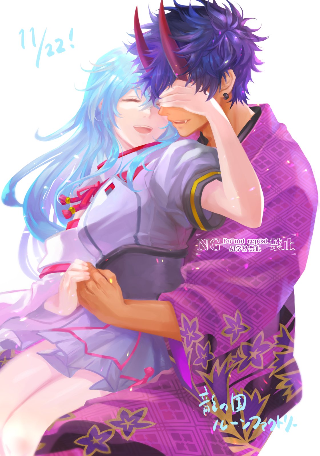 kaguya (rune factory), rune factory, rune factory: guardians of azuma, highres, 1boy, 1girl, blue hair, couple, covering another's eyes, earrings, hetero, hisui minarf, hug, hug from behind, japanese clothes, jewelry, kai (rune factory), open mouth, purple hair, red rope, rope