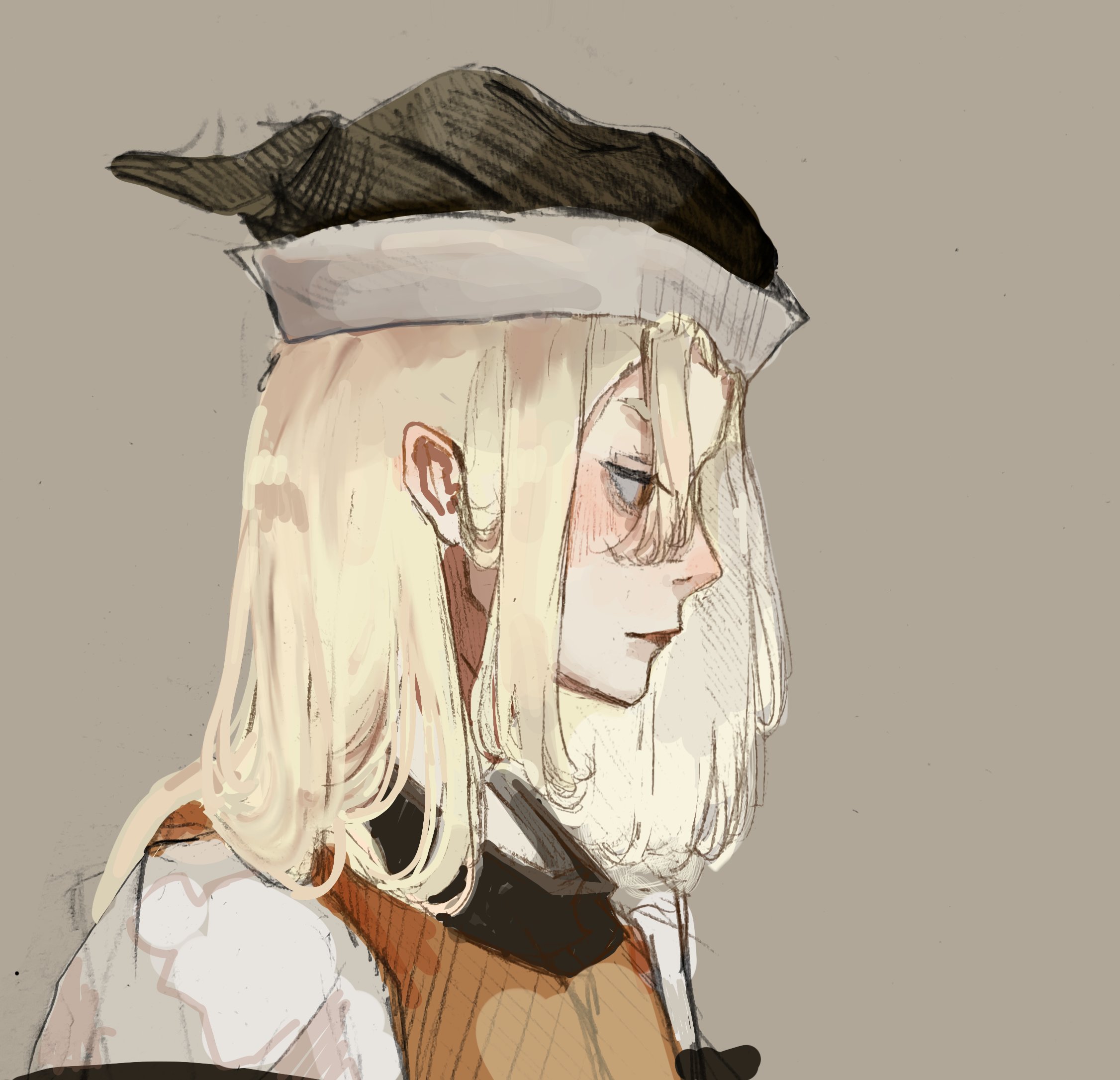 hatsburg, matara okina, len'en, highres, 1girl, black hat, blonde hair, brown background, detached sleeves, expressionless, eyelashes, from side, hair between eyes, hat, layered sleeves, lips, looking ahead, medium hair, nostrils, orange eyes, orange tabard, parted lips, pointy nose, realistic, shirt, simple background, solo, tabard, upper body, white shirt