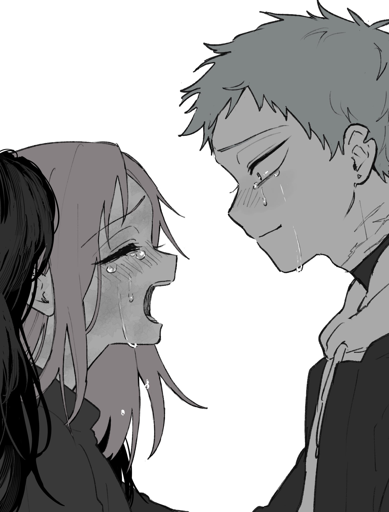 mizi (alien stage), till (alien stage), alien stage, commentary, highres, 1boy, 1girl, black hair, crying, grey hair, hood, hoodie, jacket, long hair, open mouth, pink hair, scar, scar on neck, short hair, tears, very short hair, wata gumo259, wig