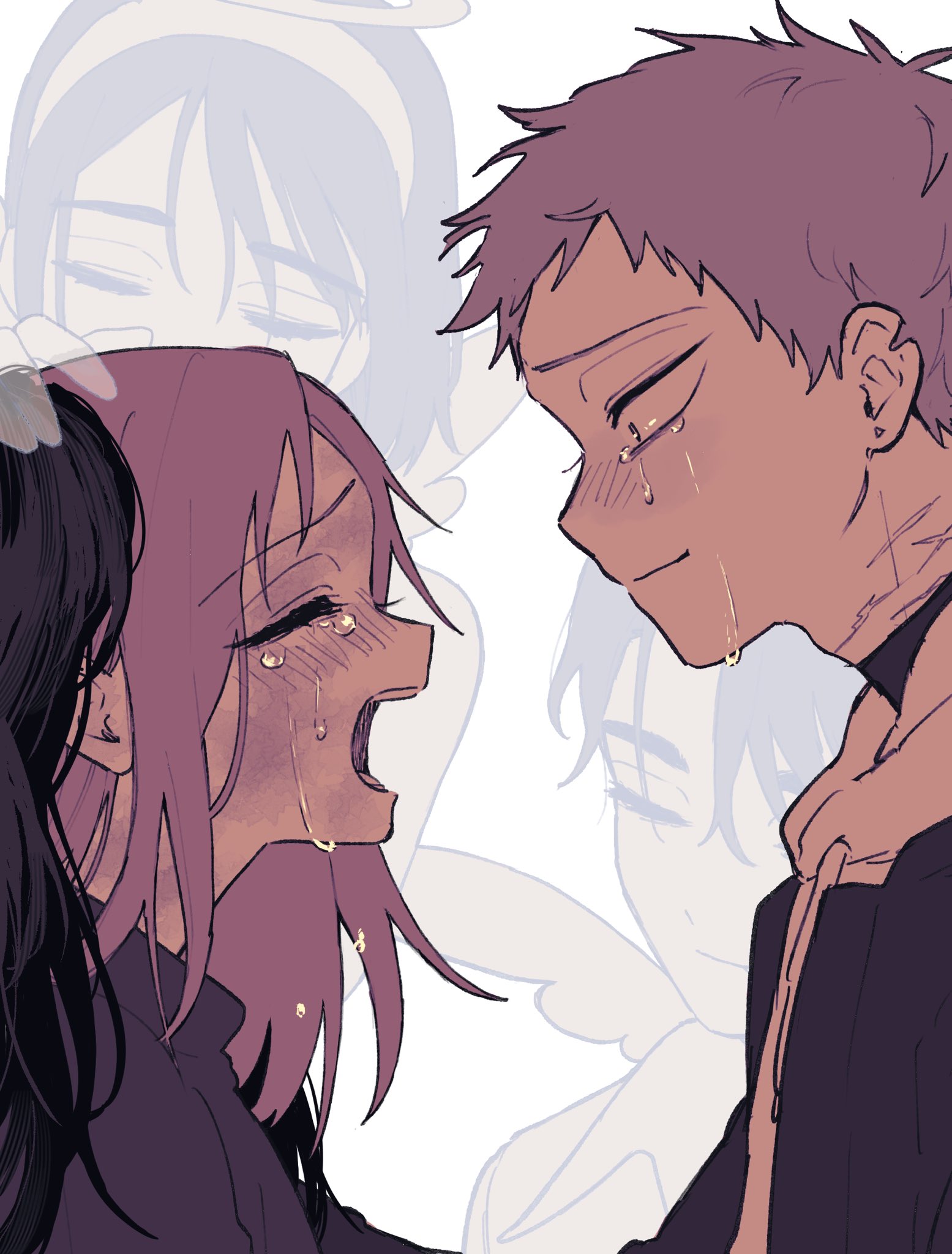 ivan (alien stage), mizi (alien stage), sua (alien stage), till (alien stage), alien stage, commentary request, highres, 2boys, 2girls, black hair, crying, ghost, grey hair, hairband, halo, hood, hoodie, jacket, long hair, multiple boys, multiple girls, open mouth, pink hair, scar, scar on neck, short hair, tears, very short hair, wata gumo259, wig, wings