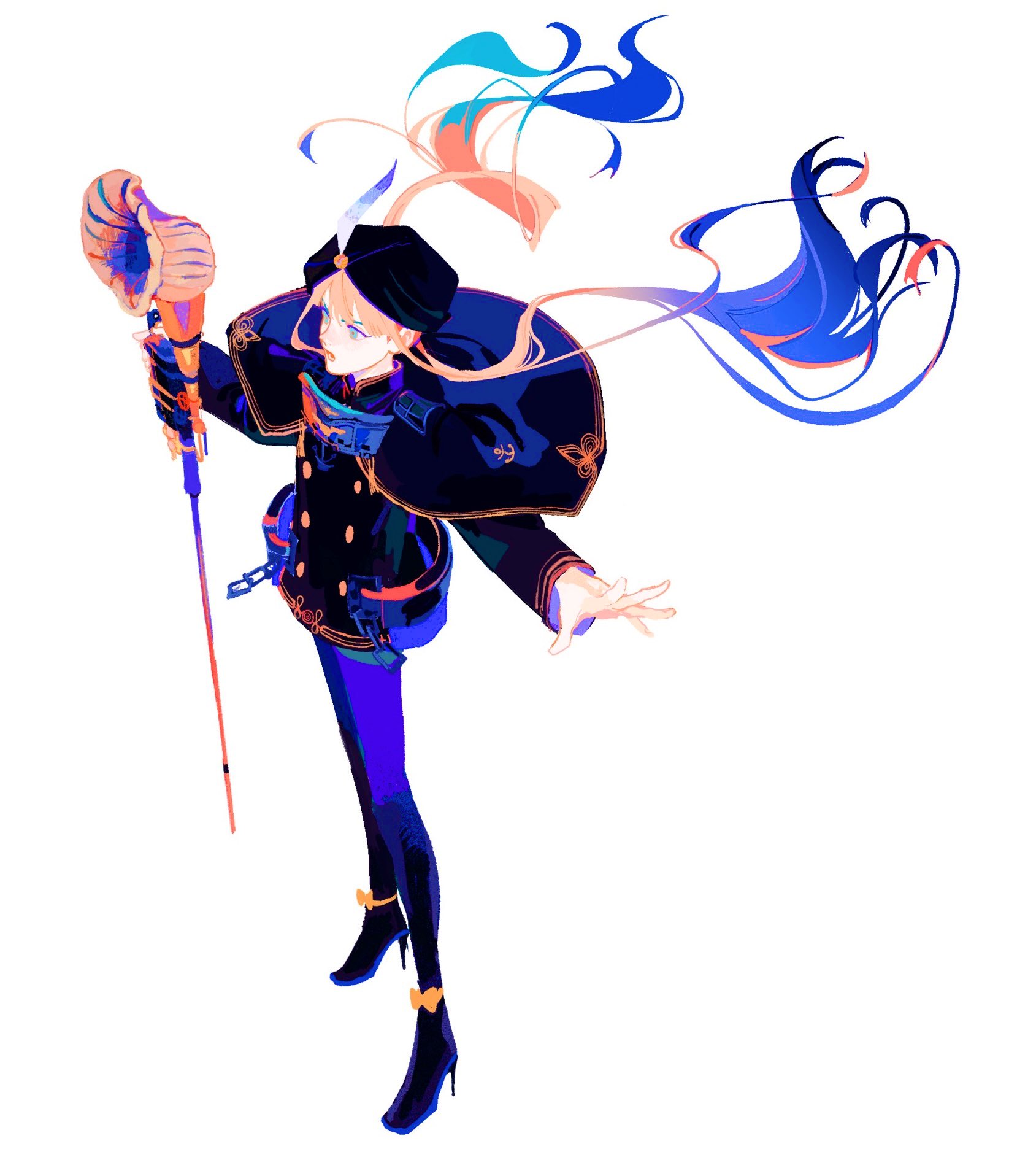 epaya hakase, nemo (fate), fate/grand order, fate (series), highres, 1boy, androgynous, blue hair, blue leggings, blue pantyhose, gradient hair, hat feather, leggings, military uniform, multicolored hair, naval uniform, pants, pantyhose, solo, tight clothes, tight pants, trap, turban, white turban