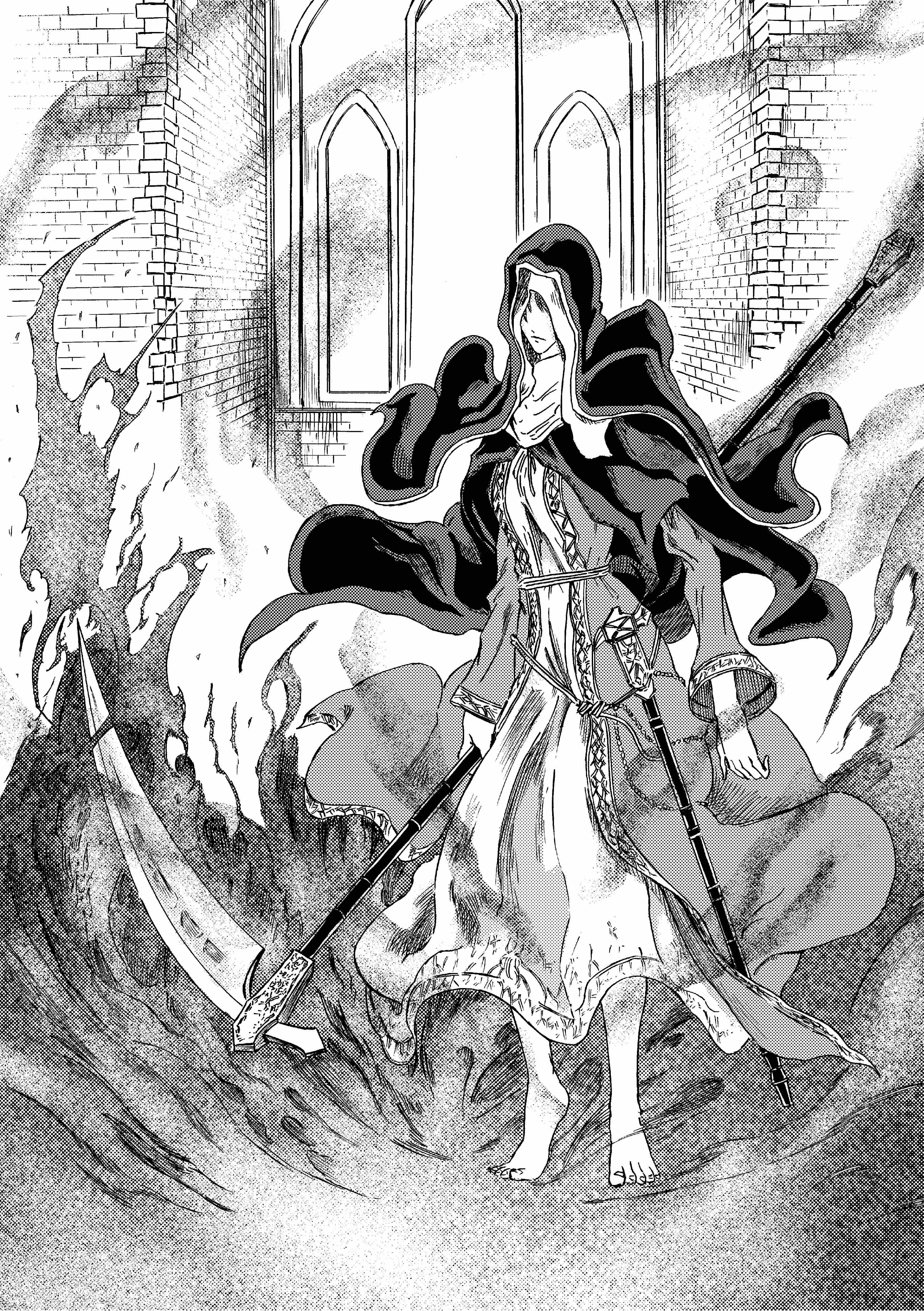 913kousatu, sister friede, dark souls (series), dark souls iii, absurdres, commentary request, highres, 1girl, barefoot, brick wall, church, closed mouth, coif, dress, expressionless, full body, greyscale, holding, holding scythe, indoors, long sleeves, monochrome, scythe, solo, standing