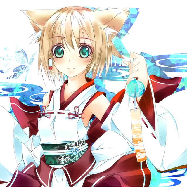 shirokitsune, original, bad id, bad pixiv id, 1girl, animal ears, blonde hair, detached sleeves, female focus, fox ears, green eyes, japanese clothes, miko, short hair, solo, wind chime