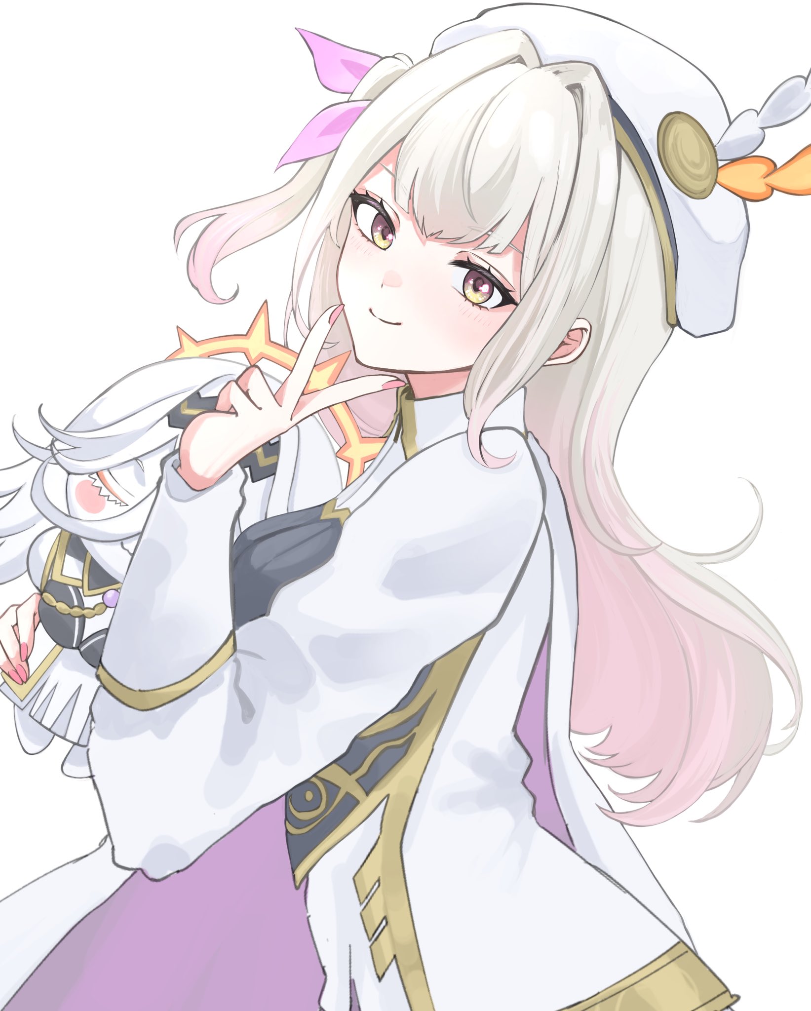 sayaka (fe uma274), baldr (fire emblem heroes), vali (fire emblem), fire emblem, fire emblem heroes, nintendo, highres, 1girl, breasts, character doll, closed mouth, doll, fingernails, halo, hat, hat feather, long fingernails, long hair, looking at viewer, medium breasts, nail polish, pink nails, smile, solo, white hair, yellow eyes