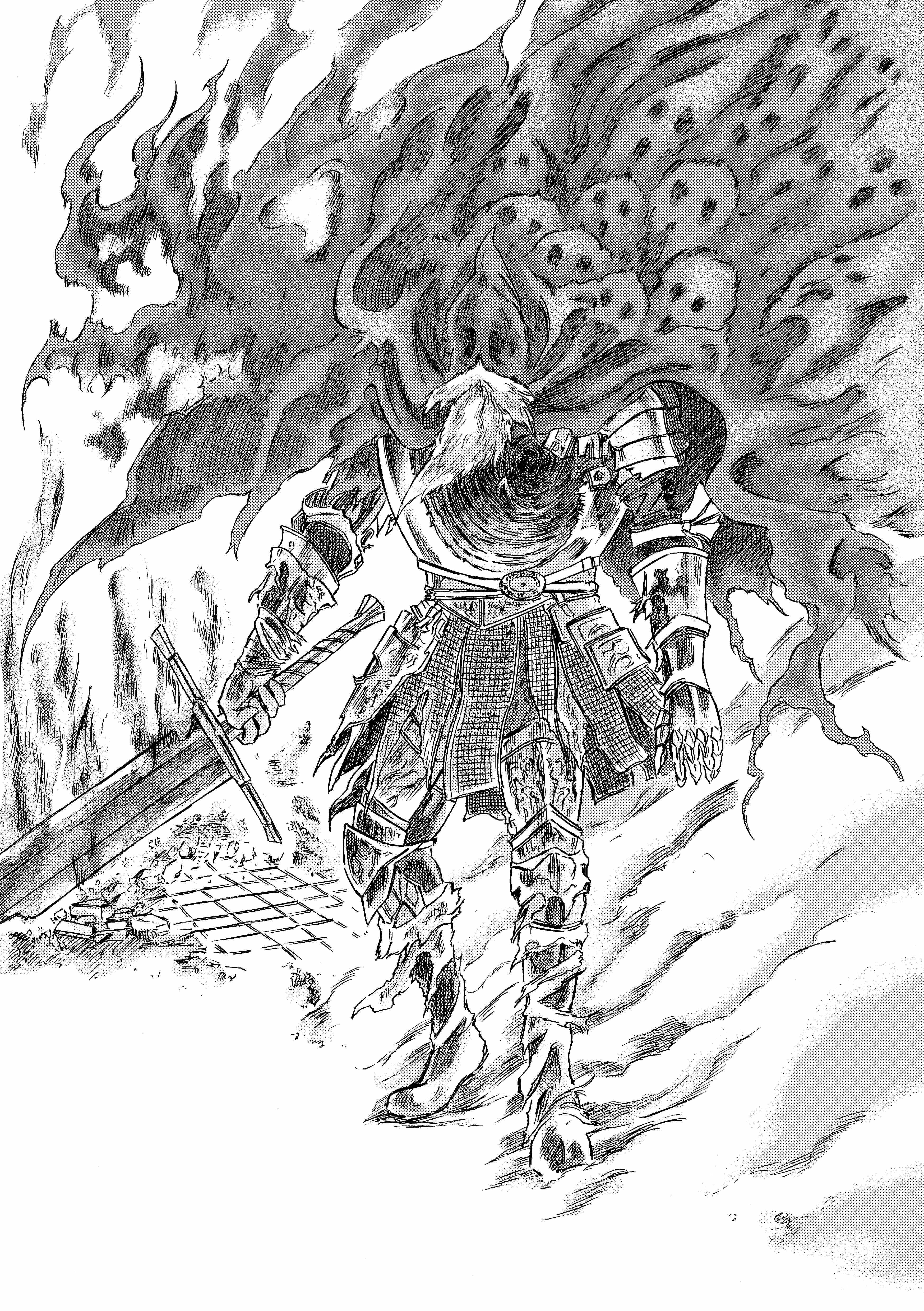 913kousatu, slave knight gael, dark souls (series), dark souls iii, absurdres, commentary request, highres, 1boy, armor, armored boots, beard, boots, breastplate, cape, chainmail, facial hair, faulds, full body, gauntlets, greyscale, holding, holding sword, holding weapon, hood, hood up, knight, male focus, monochrome, solo, standing, sword, torn cape, torn clothes, weapon