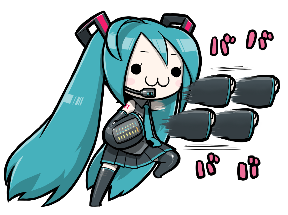 ume (noraneko), hatsune miku, miku miku ni shite ageru (vocaloid), vocaloid, 1girl, :3, aqua hair, chibi, detached sleeves, female focus, full body, headphones, long hair, necktie, pleated skirt, punching, skirt, solo, thighhighs, twintails, very long hair, white background, zettai ryouiki