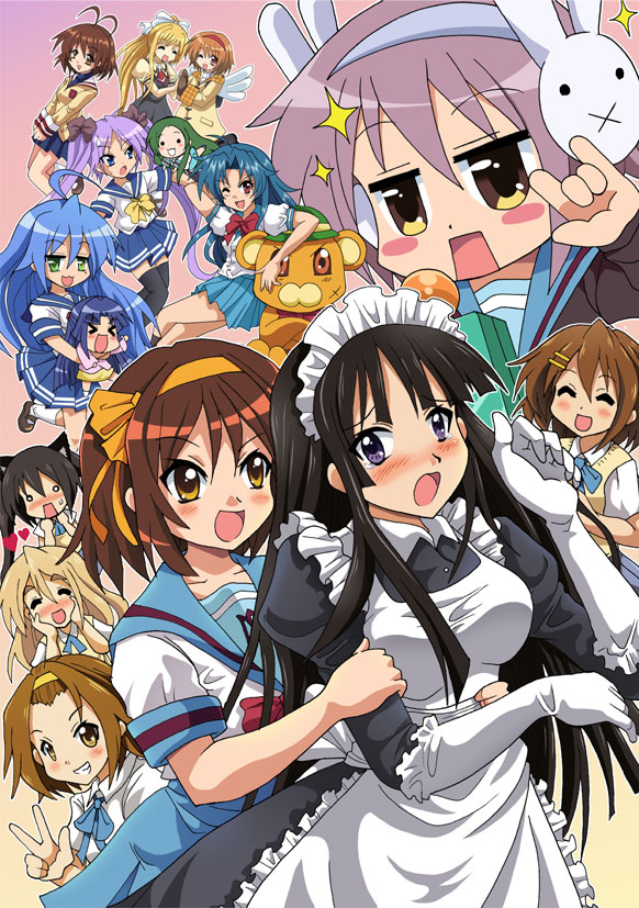 colonel aki, achakura, akiyama mio, asakura ryoko, bonta-kun, chidori kaname, churuya, furukawa nagisa, hiiragi kagami, hirasawa yui, izumi konata, kamio misuzu, kotobuki tsumugi, nagato yuki, nakano azusa, suzumiya haruhi, tainaka ritsu, tsukimiya ayu, tsuruya, air (visual novel), clannad, full metal panic!, k-on!, kanon, kyoto animation, lucky star, suzumiya haruhi-chan no yuuutsu, suzumiya haruhi no yuuutsu, > <, 6+girls, alternate costume, blonde hair, bunny headphones, closed eyes, company connection, crossover, enmaided, headphones, ho-kago tea time, m/, maid, mascot, mole, mole under eye, multiple girls, parody, school uniform, seikan hikou, serafuku, v, you gonna get raped