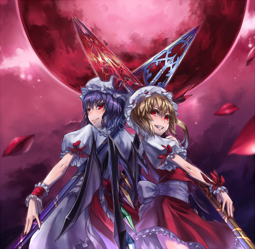 flandre scarlet, remilia scarlet, touhou, 2girls, back-to-back, bat wings, blonde hair, brown hair, grin, hat, laevatein, moon, multiple girls, nail polish, petals, polearm, ponytail, purple hair, red eyes, red moon, red nails, short hair, siblings, side ponytail, sisters, smile, spear, spear the gungnir, weapon, wings