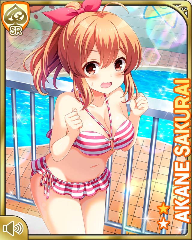 qp:flapper, sakurai akane (girlfriend (kari)), girlfriend (kari), official art, 1girl, bare arms, bare legs, bare shoulders, barefoot, bikini, breasts, brown eyes, brown hair, card (medium), cleavage, day, frilled bikini, frills, hair ornament, indoor pool, indoors, looking at viewer, midriff, navel, nervous, open mouth, ponytail, red bikini, standing, swimsuit, water slide
