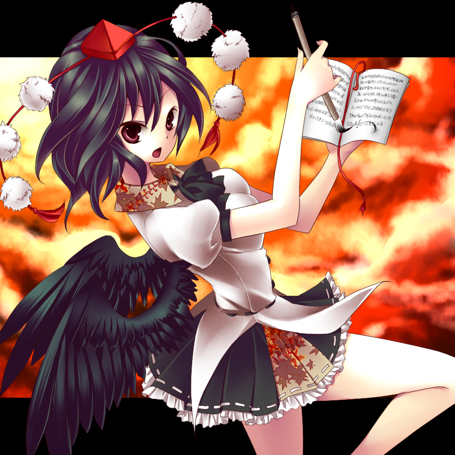 tepengu, shameimaru aya, touhou, bad id, bad pixiv id, 1girl, black hair, female focus, hat, looking at viewer, open mouth, solo