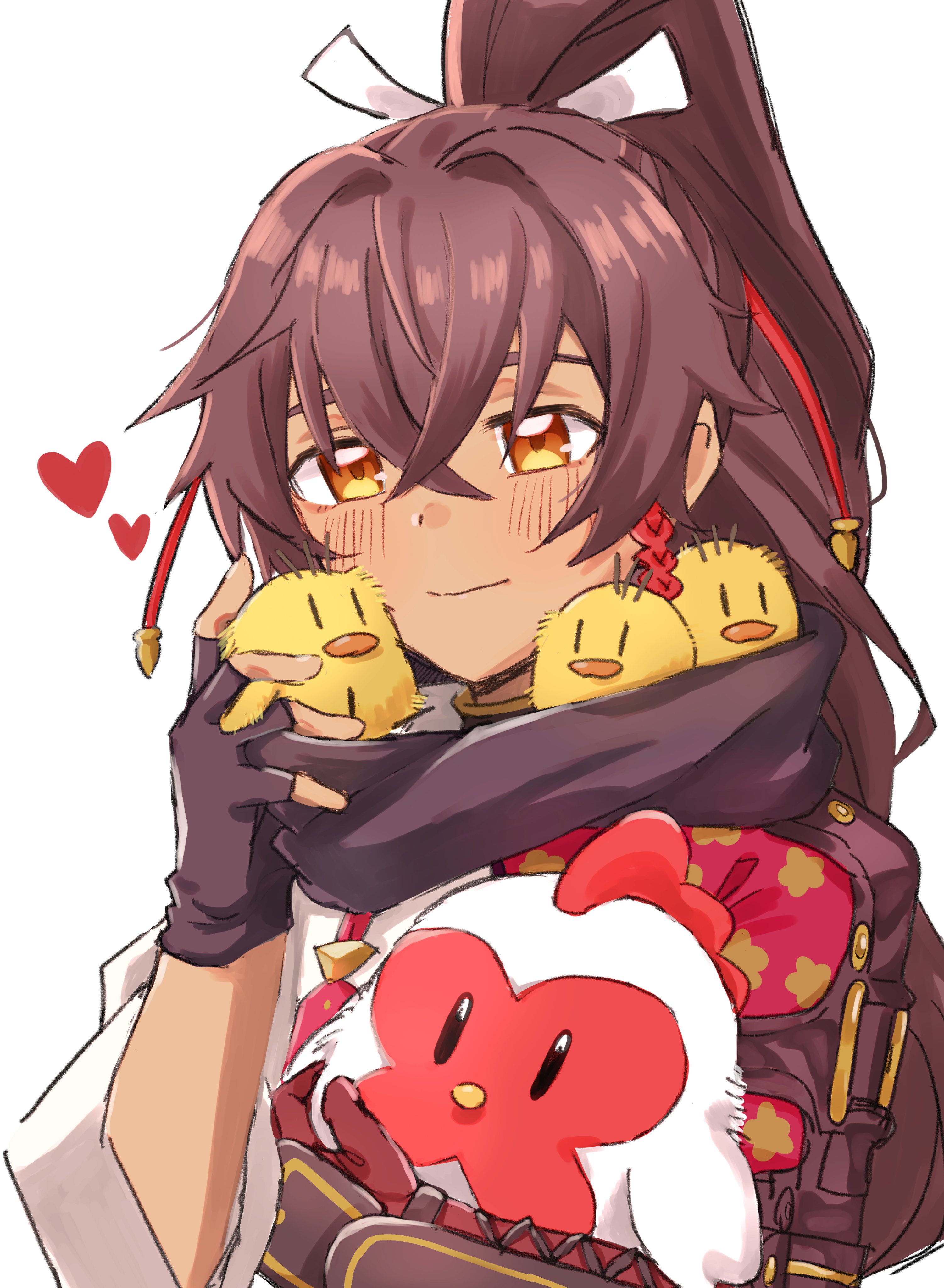 shi yaba yaba, subaru (rune factory), rune factory, rune factory: guardians of azuma, absurdres, highres, 1boy, baby animal, bird, black scarf, brown hair, chick, chicken, hair between eyes, japanese clothes, long hair, looking at viewer, ponytail, scarf, smile