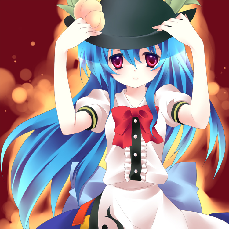 tepengu, hinanawi tenshi, touhou, bad id, bad pixiv id, 1girl, blue hair, female focus, food, fruit, hat, long hair, peach, red eyes, solo