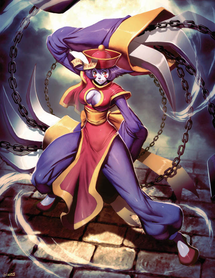 genzoman, hsien-ko, capcom, darkstalkers, 1girl, blue skin, breasts, cleavage, cleavage cutout, clothing cutout, colored skin, female focus, flipped hair, full body, hat, huge weapon, jiangshi, legs apart, pelvic curtain, qingdai guanmao, red shoes, shoes, solo, standing, tabard, weapon