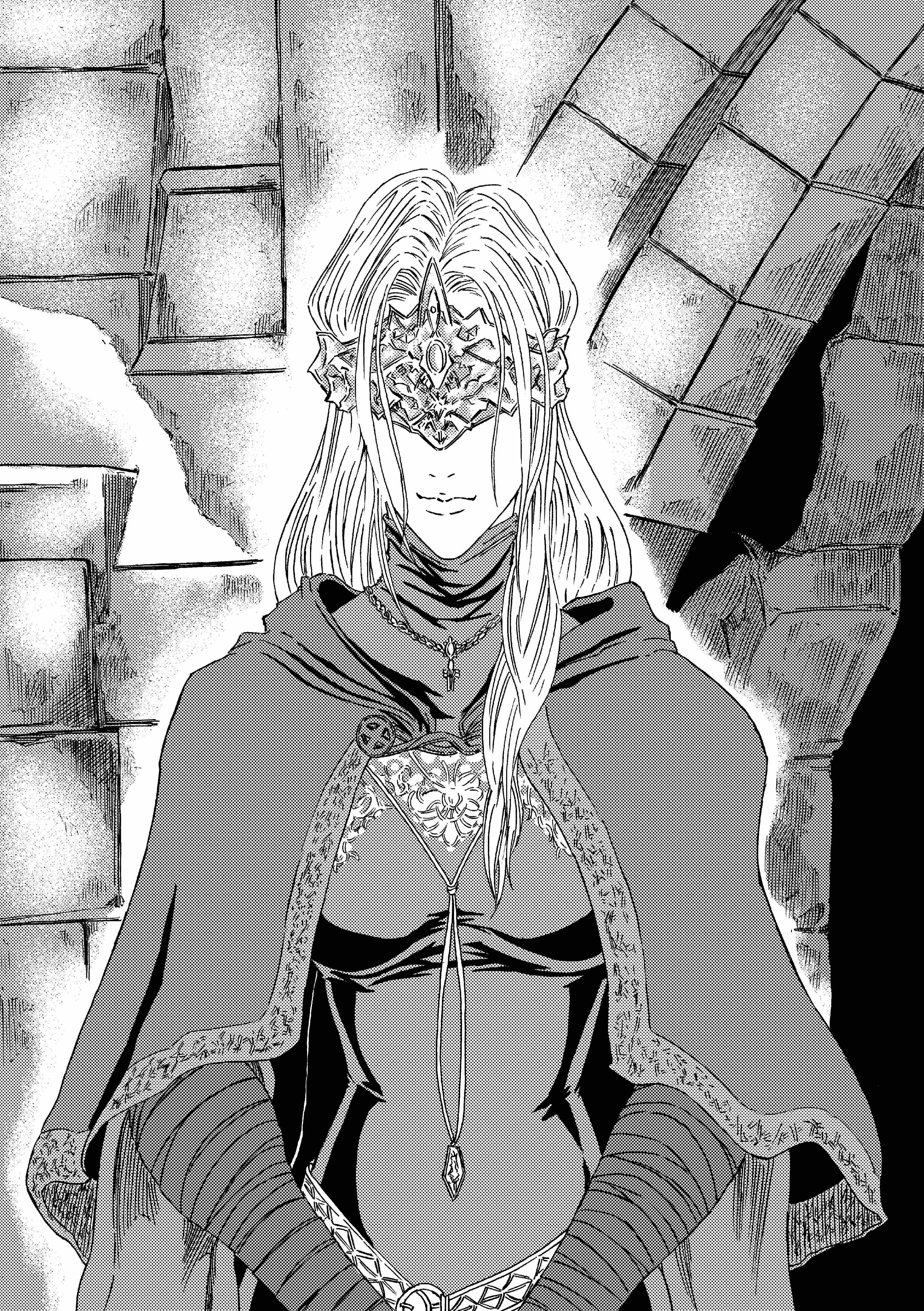 913kousatu, fire keeper, dark souls (series), dark souls iii, absurdres, commentary request, highres, 1girl, bandaged arm, bandages, breasts, brick wall, cape, dress, eye mask, greyscale, indoors, long hair, mask, medium breasts, monochrome, necklace censor, solo, upper body