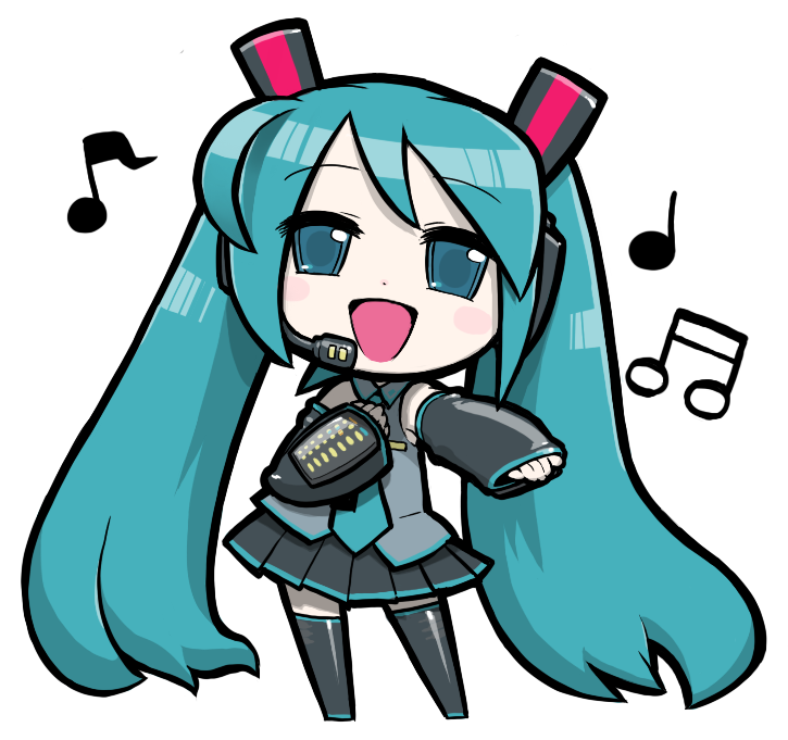 ume (noraneko), hatsune miku, vocaloid, aqua eyes, aqua hair, chibi, detached sleeves, headphones, long hair, music, musical note, necktie, pleated skirt, singing, skirt, solo, thighhighs, twintails, very long hair, zettai ryouiki