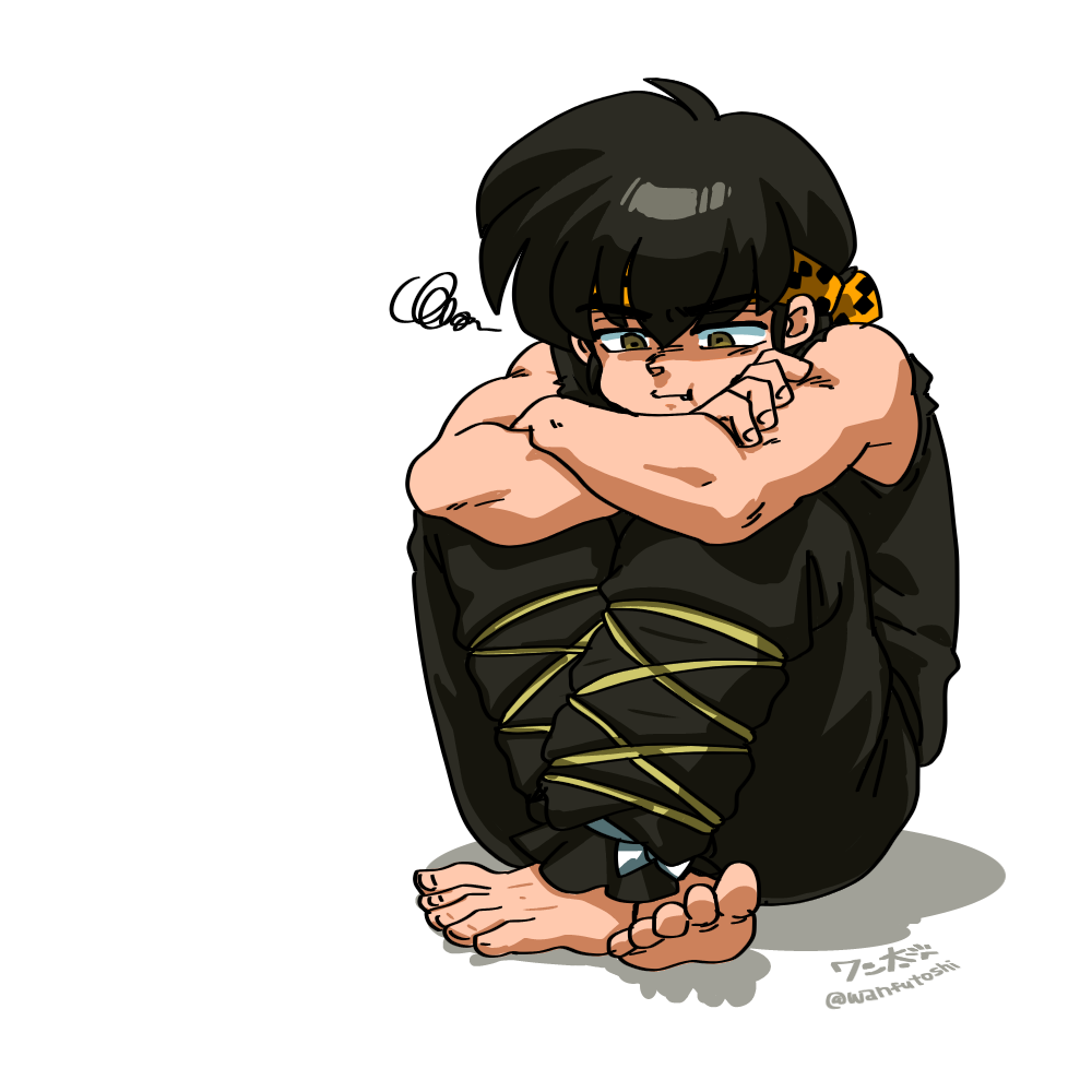 wanta (futoshi), hibiki ryouga, ranma 1/2, 1boy, :p, artist name, bandana, barefoot, black hair, brown eyes, crossed ankles, crossed arms, fang, full body, male focus, muscular, muscular male, shaded face, shadow, short hair, signature, sitting, tongue, tongue out, white background, yellow bandana