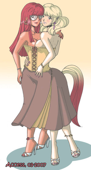 tagme, anklet, blonde hair, bracelet, centaur, conjoined, corset, earrings, extra arms, extra breasts, glasses, high heels, jewelry, multi leg, multi limb, multiple heads, red hair, tail, taur, what