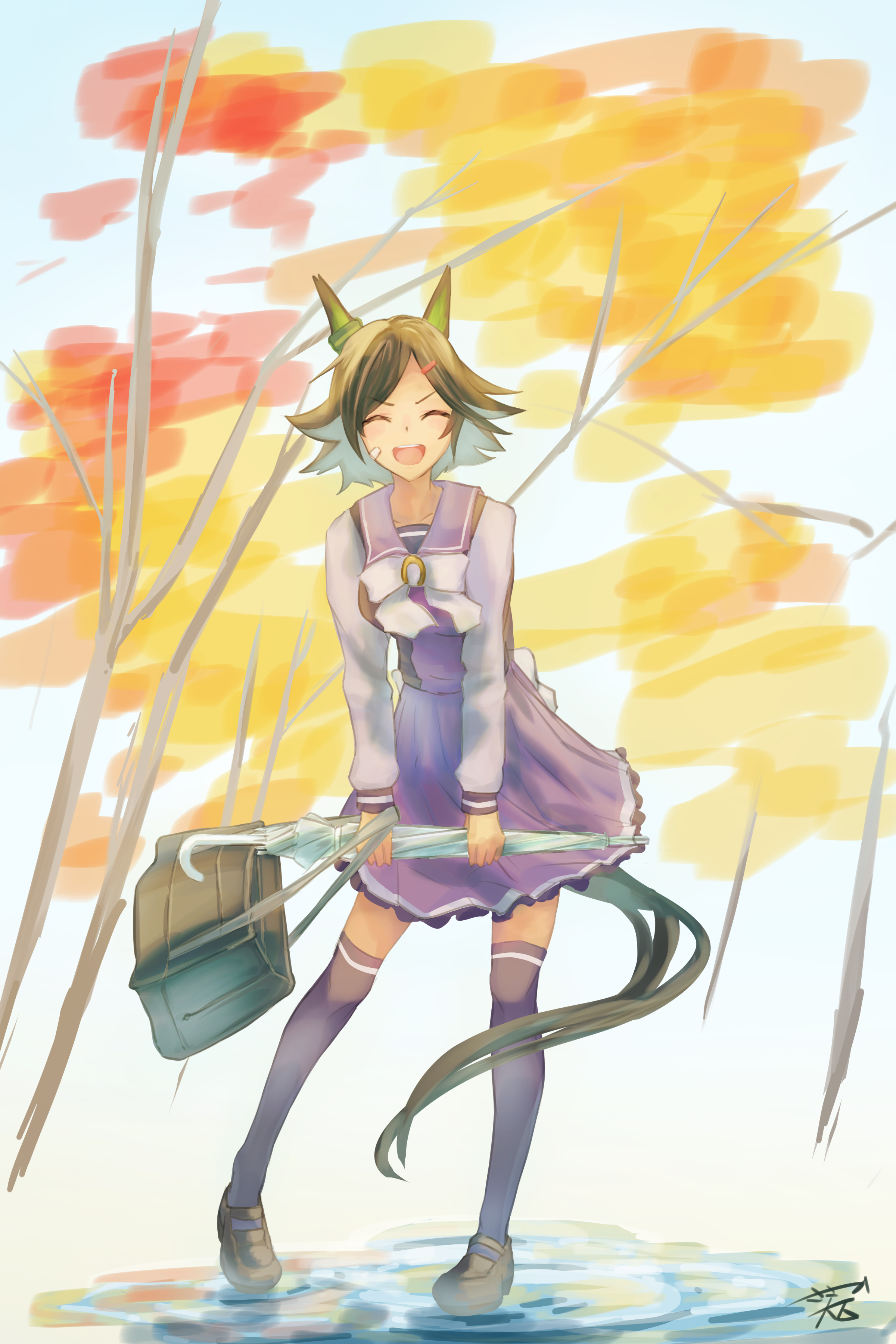 winning ticket (umamusume), umamusume, absurdres, highres, animal ears, bag, bandaid, bandaid on cheek, bandaid on face, black hair, bow, bowtie, breasts, closed eyes, facing viewer, hair ornament, hairclip, holding, holding umbrella, horse ears, horse girl, horse tail, long sleeves, medium breasts, open mouth, parted bangs, puddle, purple sailor collar, purple serafuku, purple shirt, purple skirt, purple thighhighs, sailor collar, sailor shirt, sasami oishine, school bag, school uniform, serafuku, shirt, shoes, short hair, skirt, smile, swept bangs, tail, thighhighs, tracen school uniform, tree, umbrella, water, white bow, white bowtie