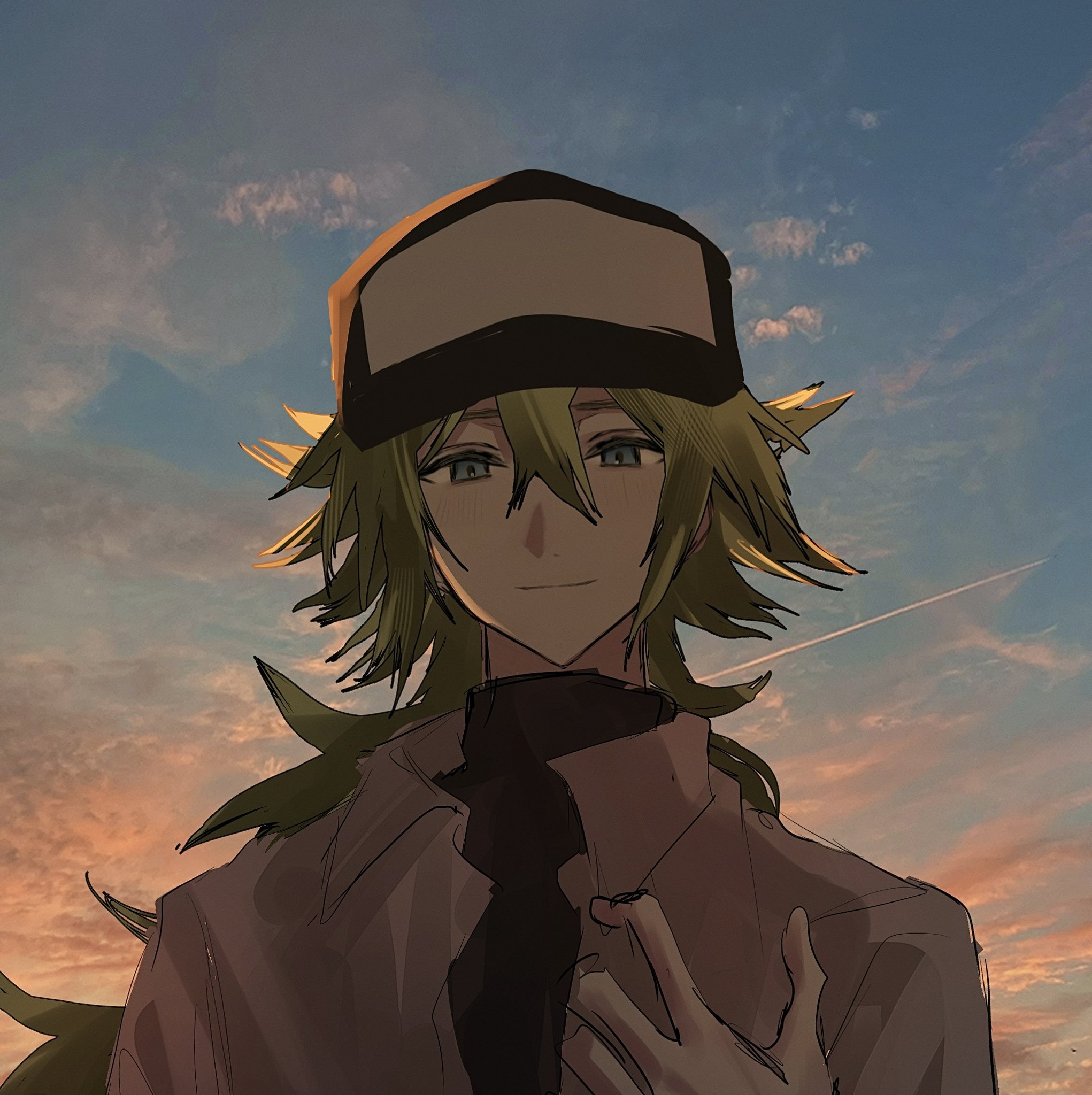 ayago 8, n (pokemon), nintendo, pokemon, pokemon bw, highres, 1boy, baseball cap, blue eyes, closed mouth, green eyes, green hair, hair between eyes, hat, long hair, looking at viewer, male focus, shirt, sky, smile, sunset, undershirt, upper body, white shirt
