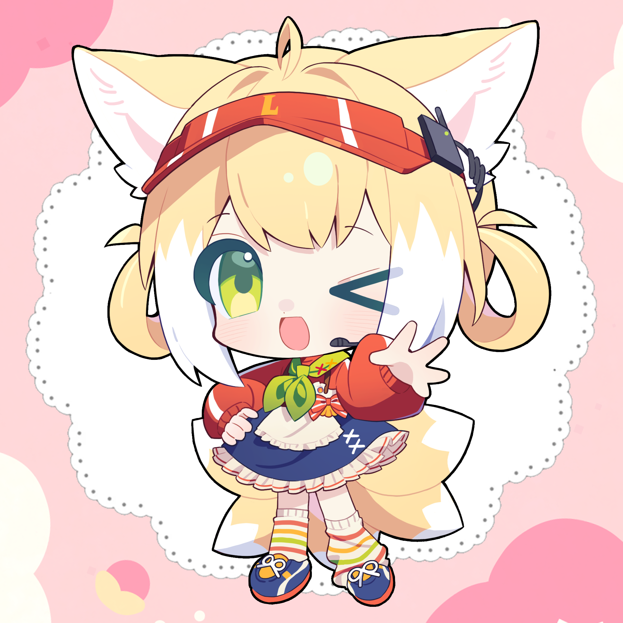miaoneko, suzuran (arknights), arknights, chinese commentary, highres, > o, 1girl, :d, alternate costume, animal ears, blonde hair, blue shoes, blush, chibi, colored tips, fox ears, fox girl, fox tail, full body, green eyes, green neckerchief, hair rings, kitsune, kyuubi, looking at viewer, loose socks, multicolored hair, multiple tails, neckerchief, one eye closed, open mouth, red visor, shoes, short hair, smile, socks, solo, striped clothes, striped socks, tail, two-tone hair, visor cap, white hair