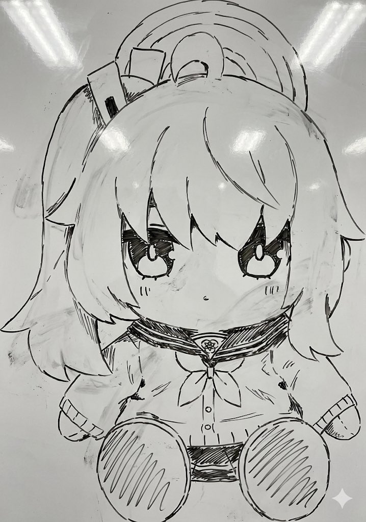 natsu (blue archive), blue archive, hashtag-only commentary, 1girl, ahoge, character doll, chibi, doll, full body, greyscale, halo, long hair, long sleeves, monochrome, school uniform, shibainu uuuuuu, side ponytail, sitting, solo