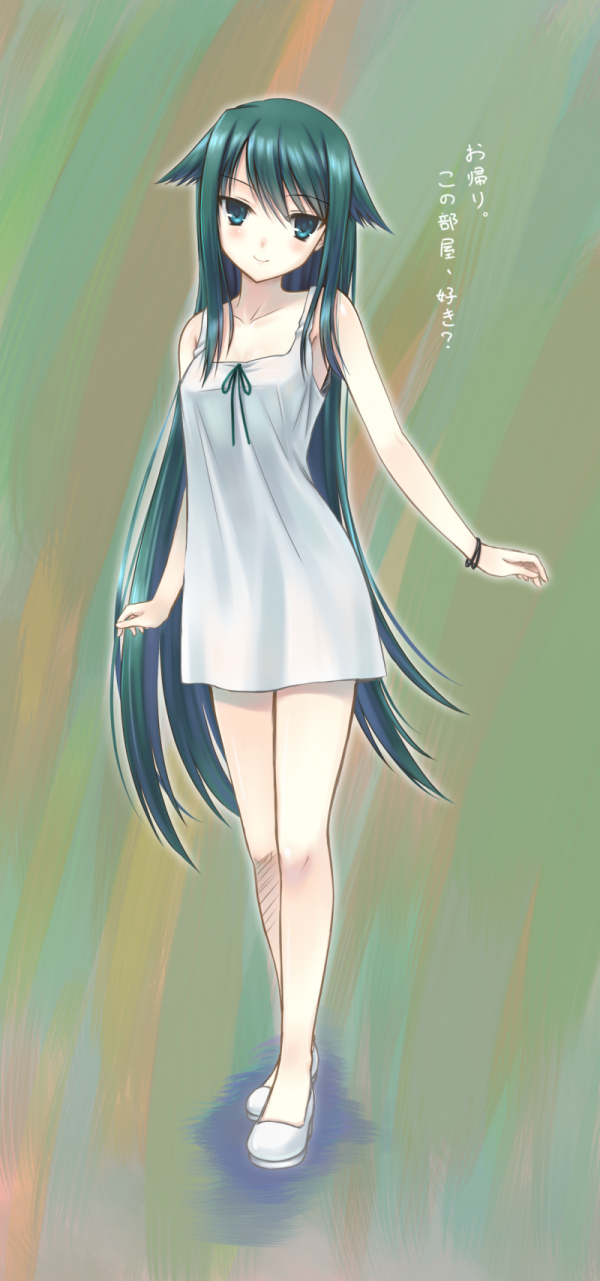 hiten (hitenkei), saya (saya no uta), nitroplus, saya no uta, bad id, bad pixiv id, highres, 1girl, bracelet, dress, female focus, full body, green eyes, green hair, jewelry, legs, long hair, matching hair/eyes, smile, solo, sundress, very long hair