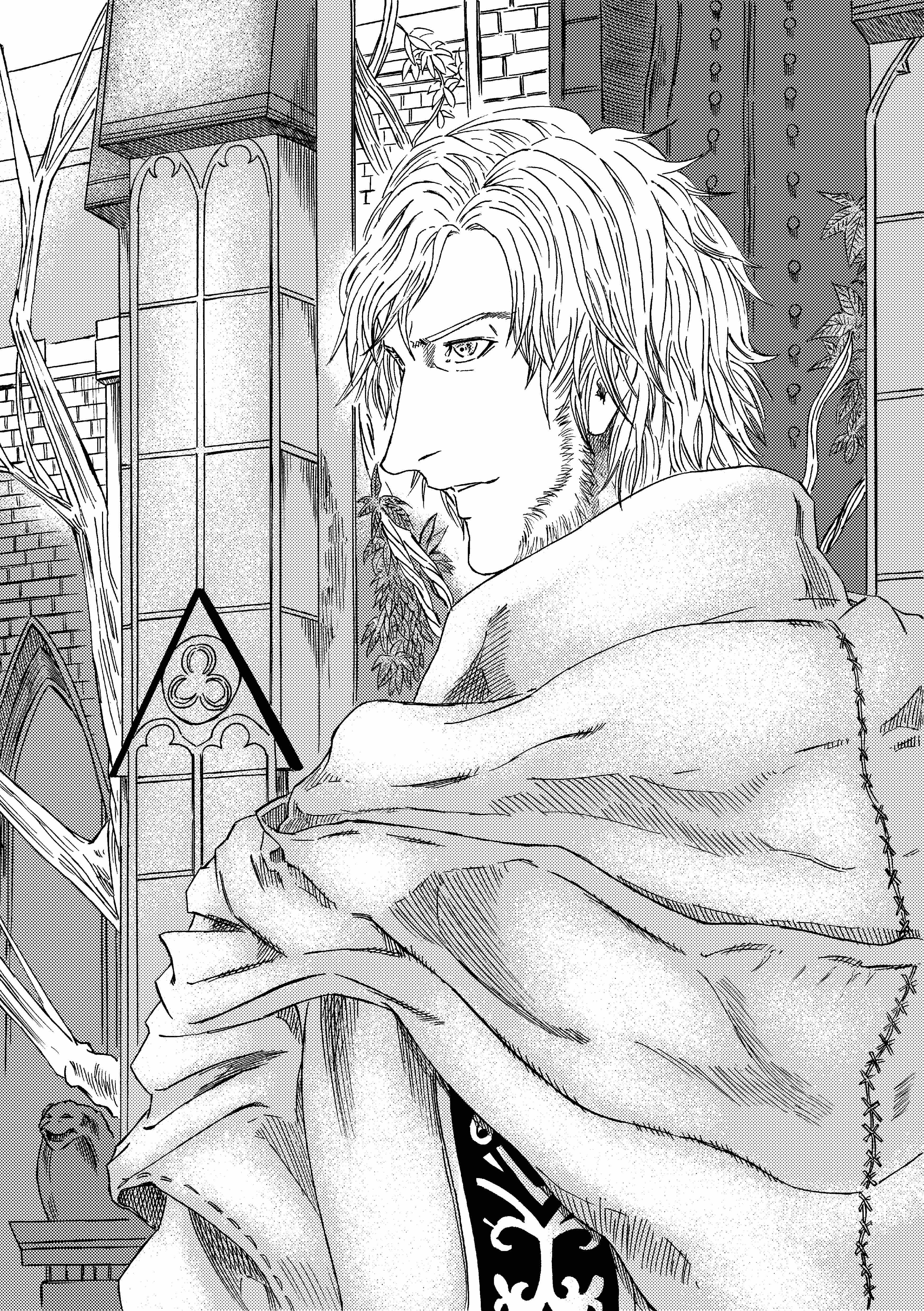 913kousatu, alfred (bloodborne), bloodborne, absurdres, commentary request, highres, 1boy, building, cape, greyscale, looking afar, male focus, monochrome, short hair, solo, statue, tree, upper body