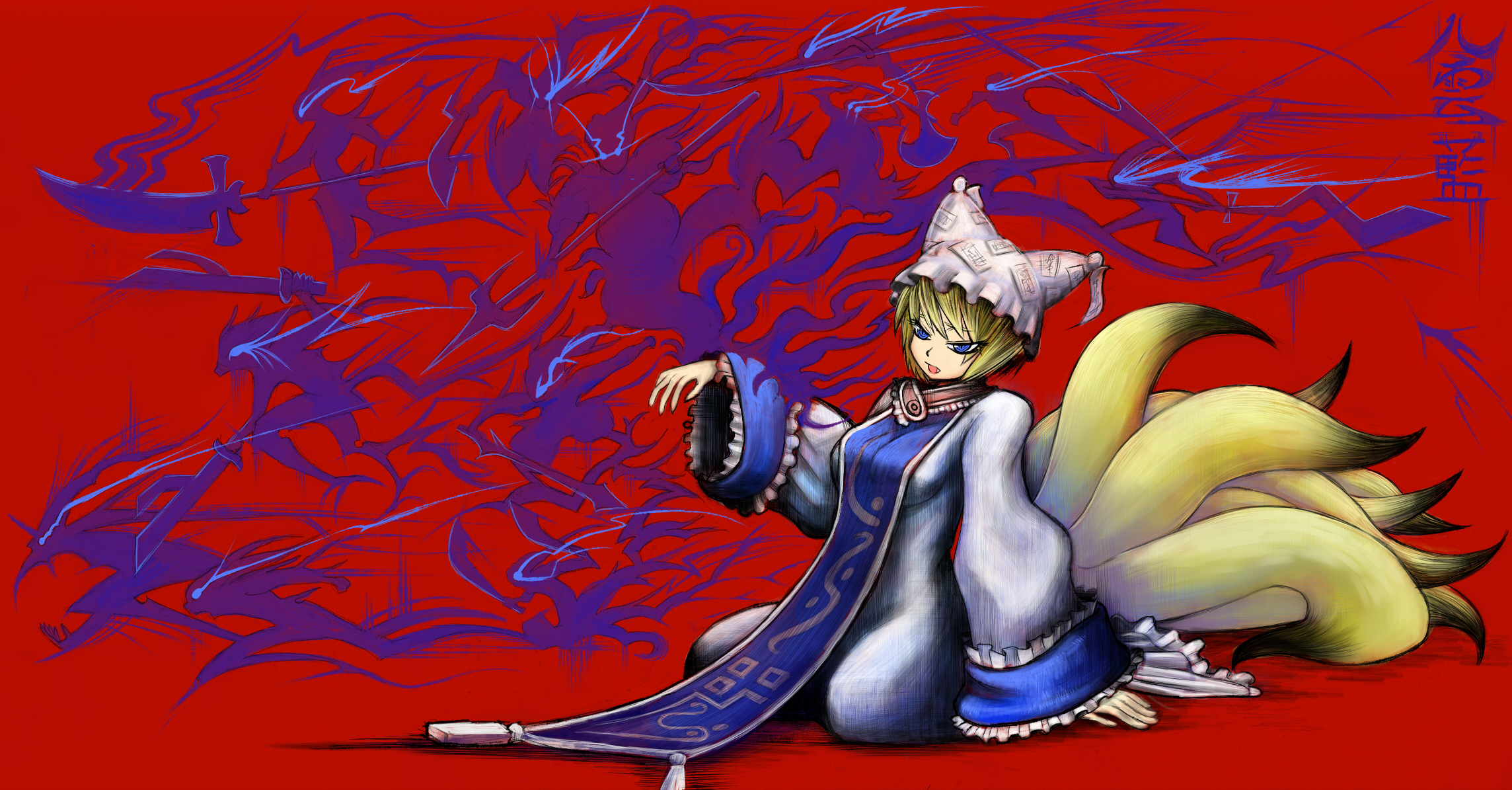 aouji, yakumo ran, touhou, highres, 1girl, animal hat, blonde hair, blue eyes, female focus, fox tail, hat, long sleeves, mob cap, multiple tails, open mouth, red background, short hair, sitting, solo, tail, tassel, wide sleeves