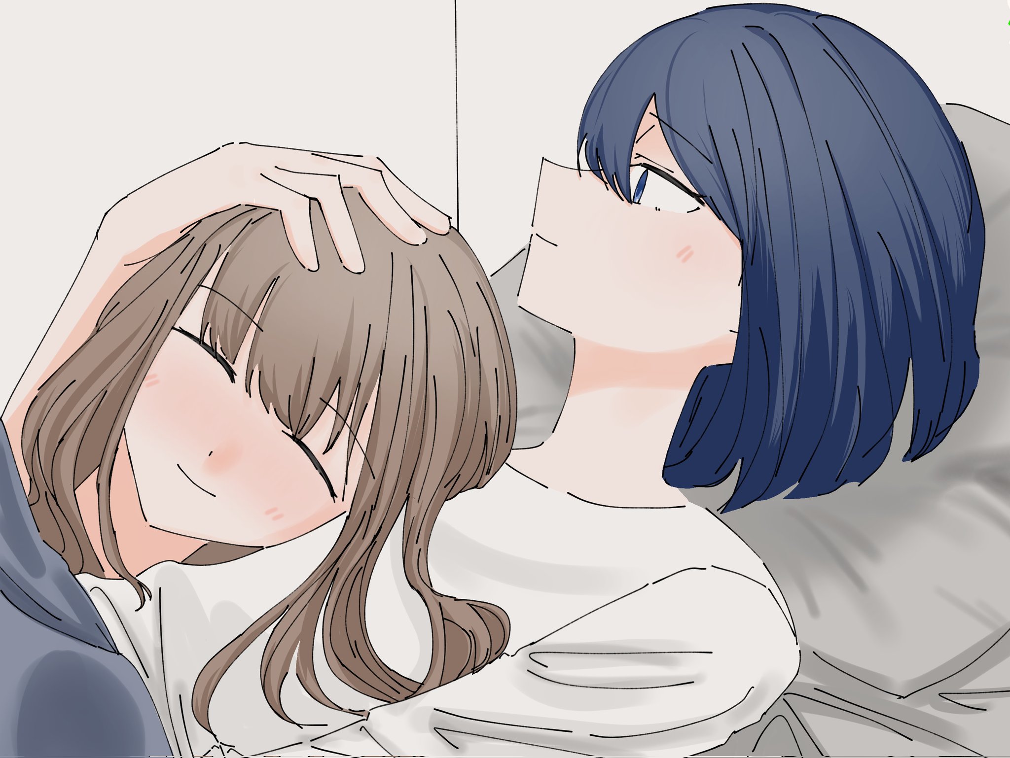 miyagi shiori, sendai hazuki, shuuniichido classmate wo kau hanashi, commentary, hashtag-only commentary, highres, 2girls, blue eyes, blue hair, blush, brown hair, closed eyes, cuddling, fvksar4wa5mmytj, hand on another's head, long hair, multiple girls, on bed, shirt, short hair, smile, white shirt, yuri