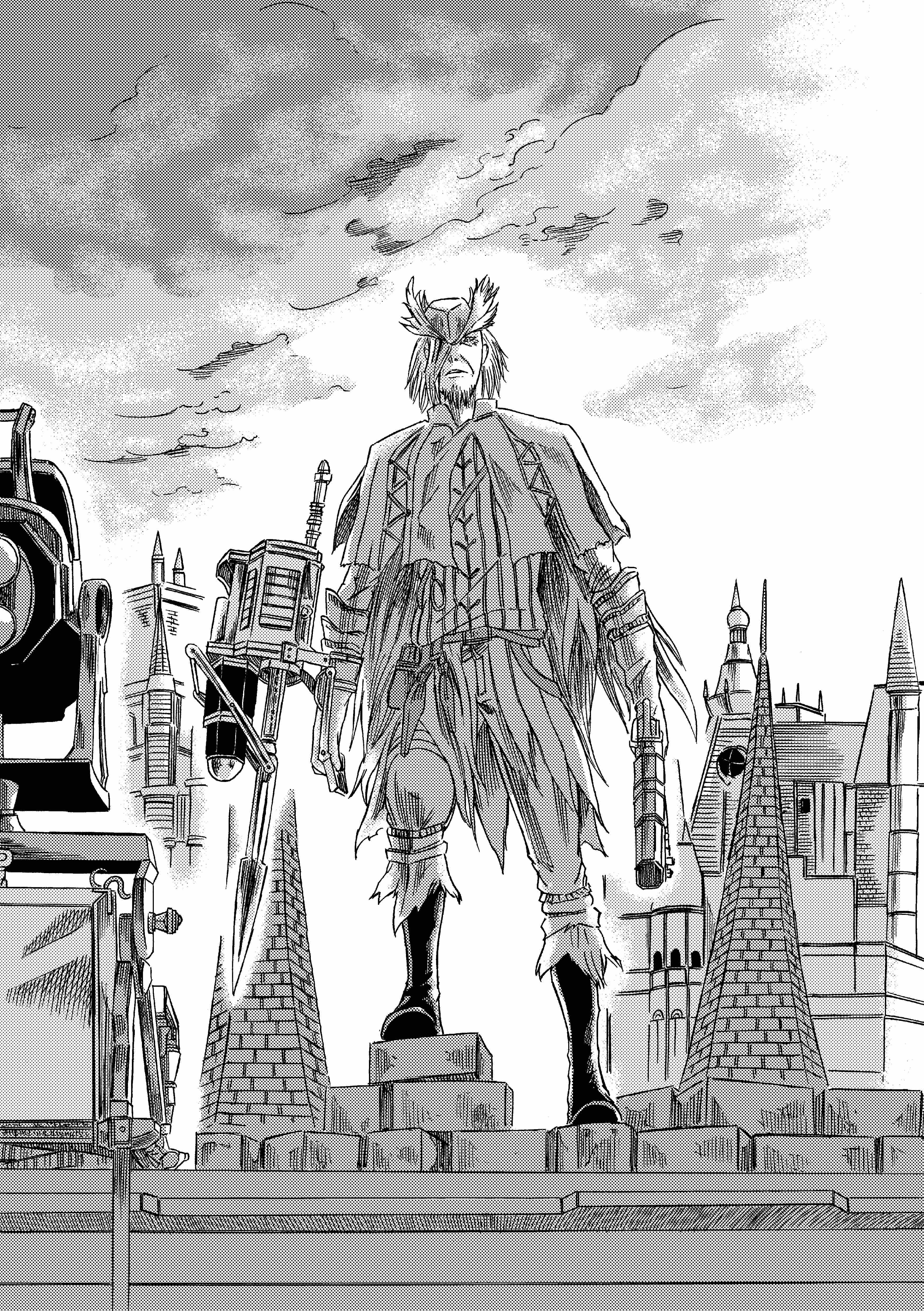 913kousatu, bloodborne, absurdres, commentary request, highres, 1boy, belt, boots, building, capelet, djura, full body, greyscale, gun, hair over one eye, hat, holding, holding gun, holding weapon, looking at viewer, male focus, monochrome, outdoors, overcast, pants, polearm, shirt, short hair, sky, solo, spear, standing, weapon