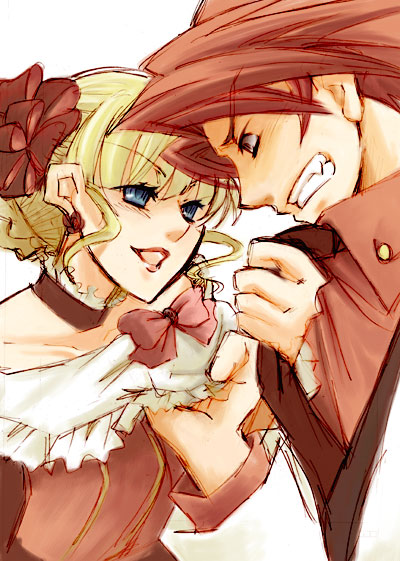 yamato (inraitei), beatrice (umineko), ushiromiya battler, umineko no naku koro ni, 00s, 1boy, 1girl, blonde hair, blue eyes, bow, clothes grab, dress, hair ornament, jacket, necktie, necktie grab, neckwear grab, pink bow, red hair, ribbon