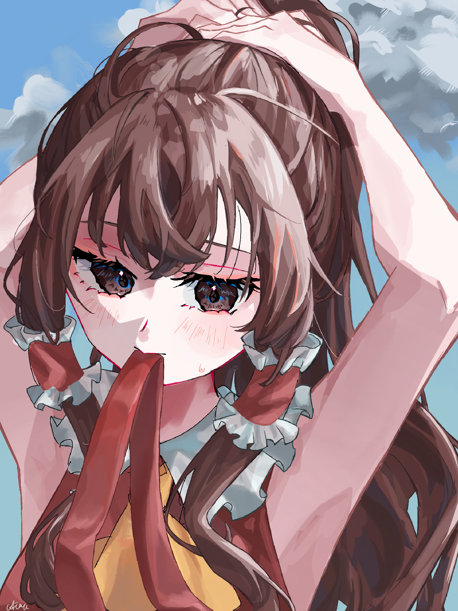 hakurei reimu, touhou, highres, 1girl, aira 053, armpits, arms up, ascot, black hair, blue sky, blush, cloud, hair tubes, long hair, mouth hold, red eyes, red ribbon, red shirt, ribbon, ribbon in mouth, shirt, sidelocks, sky, sleeveless, sleeveless shirt, solo, sweatdrop, tying hair, very long hair, yellow ascot