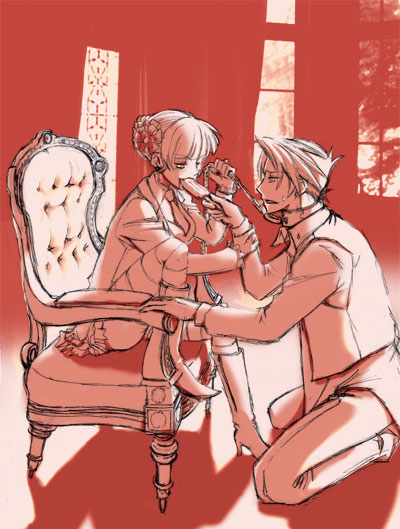 yamato (inraitei), beatrice (umineko), ushiromiya battler, umineko no naku koro ni, 00s, 1boy, 1girl, chain, femdom, food, ice cream, leash, monochrome, red theme, sitting