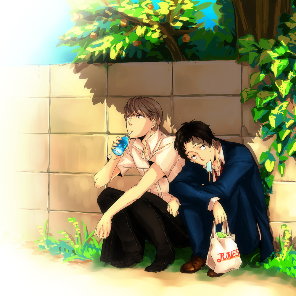 saeuchobab, tonkotsu ramen, adachi tooru, narukami yu, atlus, persona, persona 4, bad id, bad pixiv id, 2boys, bag, cabbage, formal clothes, male focus, multiple boys, shopping bag, sitting, suit
