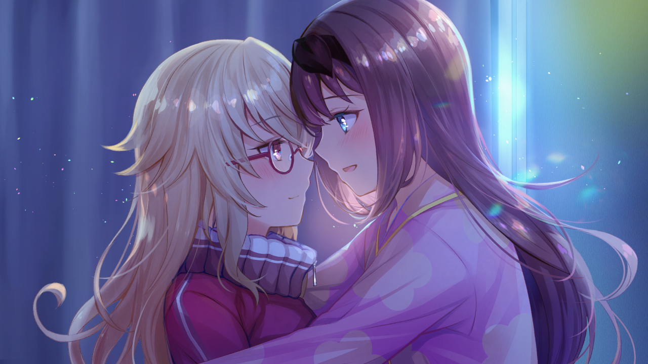 otori ai, yumeutsutsu re:master, game cg, non-web source, official art, 2girls, blonde hair, blue eyes, blush, brown hair, closed mouth, eye contact, face-to-face, glasses, indoors, jacket, light particles, long hair, long sleeves, looking at another, mugendo saki, multiple girls, night, open mouth, pajamas, pink eyes, pink pajamas, profile, red-framed eyewear, red jacket, semi-rimless eyewear, sideways mouth, track jacket, under-rim eyewear, upper body, yuri