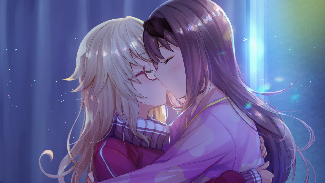 otori ai, yumeutsutsu re:master, game cg, non-web source, official art, 2girls, blonde hair, blush, brown hair, closed eyes, glasses, indoors, jacket, kiss, light particles, long hair, long sleeves, mugendo saki, multiple girls, night, open mouth, pajamas, pink pajamas, profile, red-framed eyewear, red jacket, semi-rimless eyewear, track jacket, under-rim eyewear, upper body, yuri