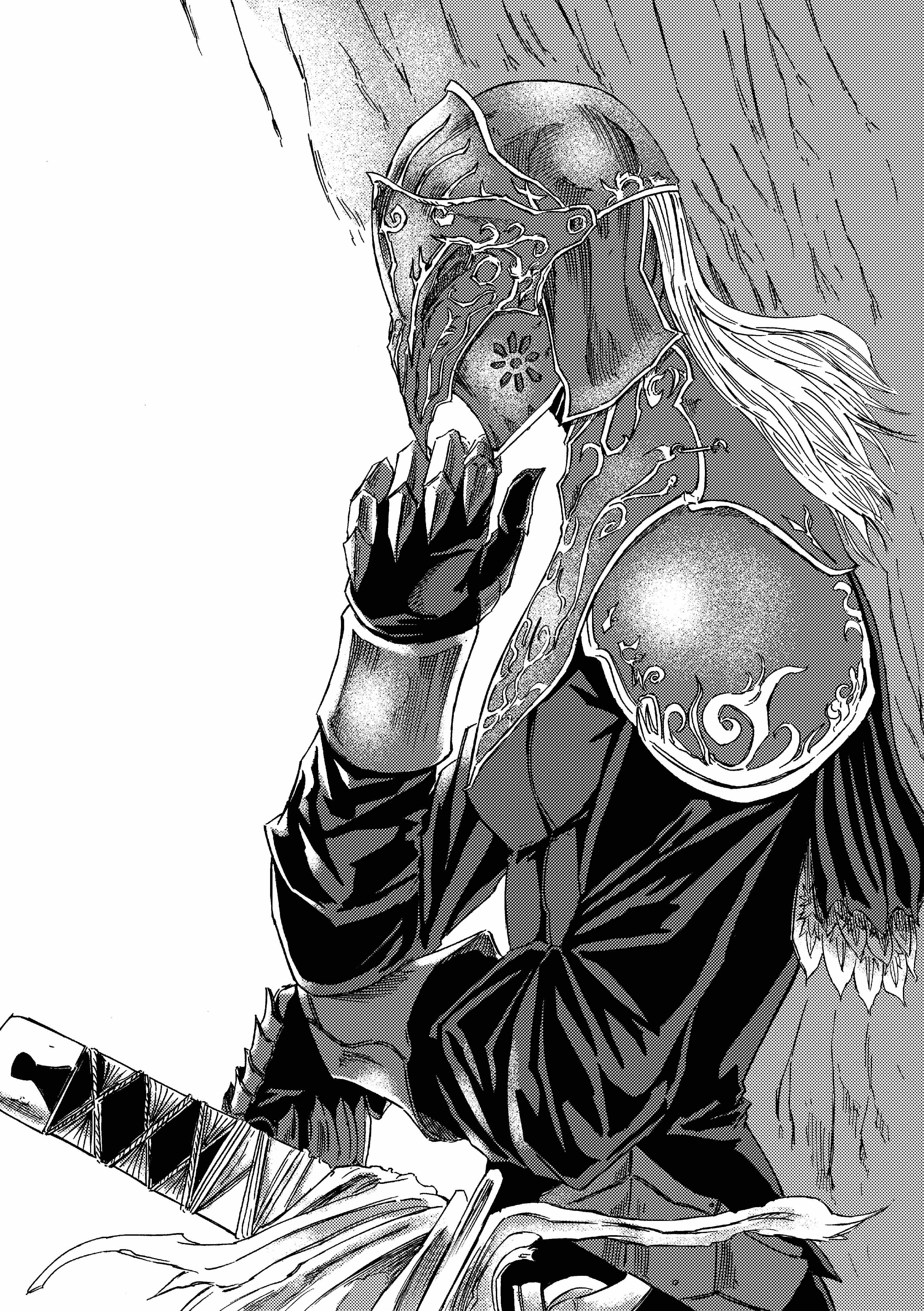 913kousatu, yuria of londor, dark souls (series), dark souls iii, absurdres, commentary request, highres, 1girl, from side, gloves, greyscale, helm, helmet, long hair, long sleeves, monochrome, profile, scabbard, sheath, sheathed, shirt, solo, sword, upper body, weapon