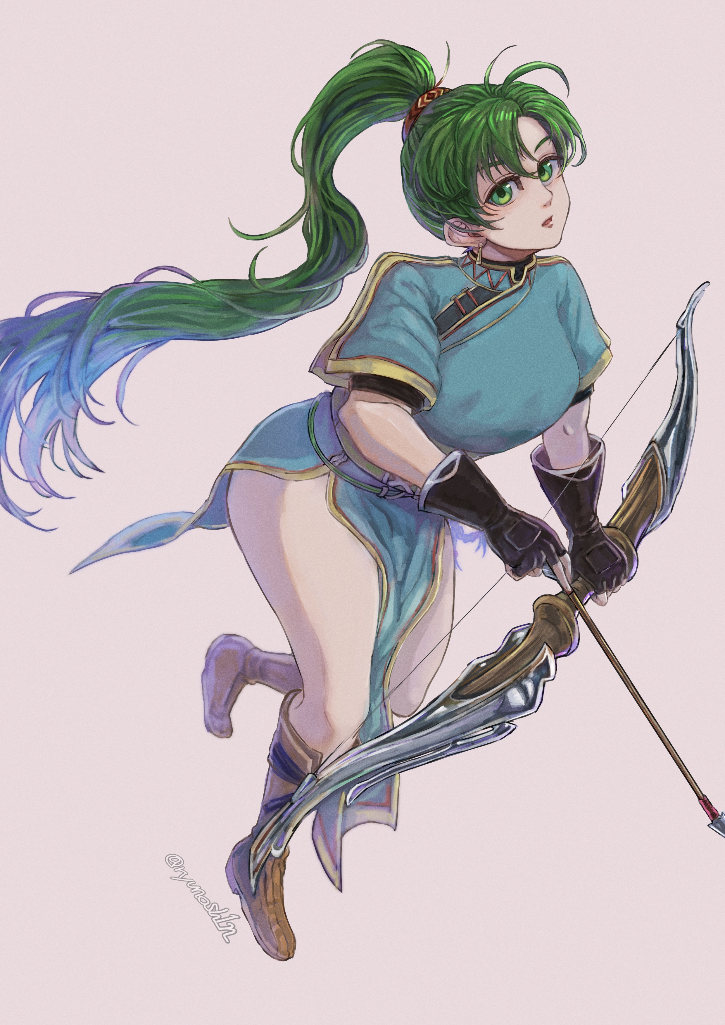 liu (naiqin), lyn (fire emblem), fire emblem, fire emblem: the blazing blade, nintendo, absurdres, highres, 1girl, blue dress, bow (weapon), dress, earrings, fingerless gloves, gloves, green eyes, green hair, high ponytail, holding, holding bow (weapon), holding weapon, jewelry, long hair, looking at viewer, pelvic curtain, ponytail, rope belt, side slit, weapon