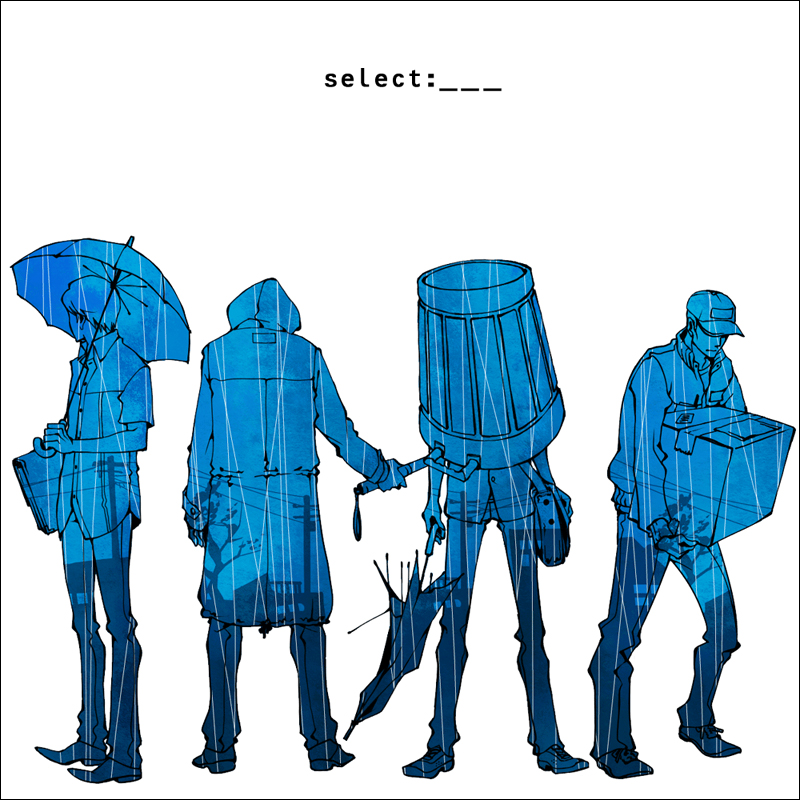 pixelsbank, adachi tooru, hanamura yousuke, namatame tarou, narukami yu, atlus, persona, persona 4, bad id, bad pixiv id, 4boys, male focus, multiple boys, package, rain, raincoat, trash can, umbrella