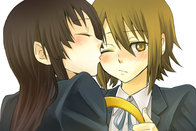 kochoko, akiyama mio, tainaka ritsu, k-on!, bad id, bad pixiv id, 00s, 2girls, alternate hairstyle, black hair, blush, brown hair, closed eyes, hair down, hairband, kiss, kissing cheek, long hair, multiple girls, one eye closed, school uniform, short hair, unworn hairband, unworn headwear, wink, yuri