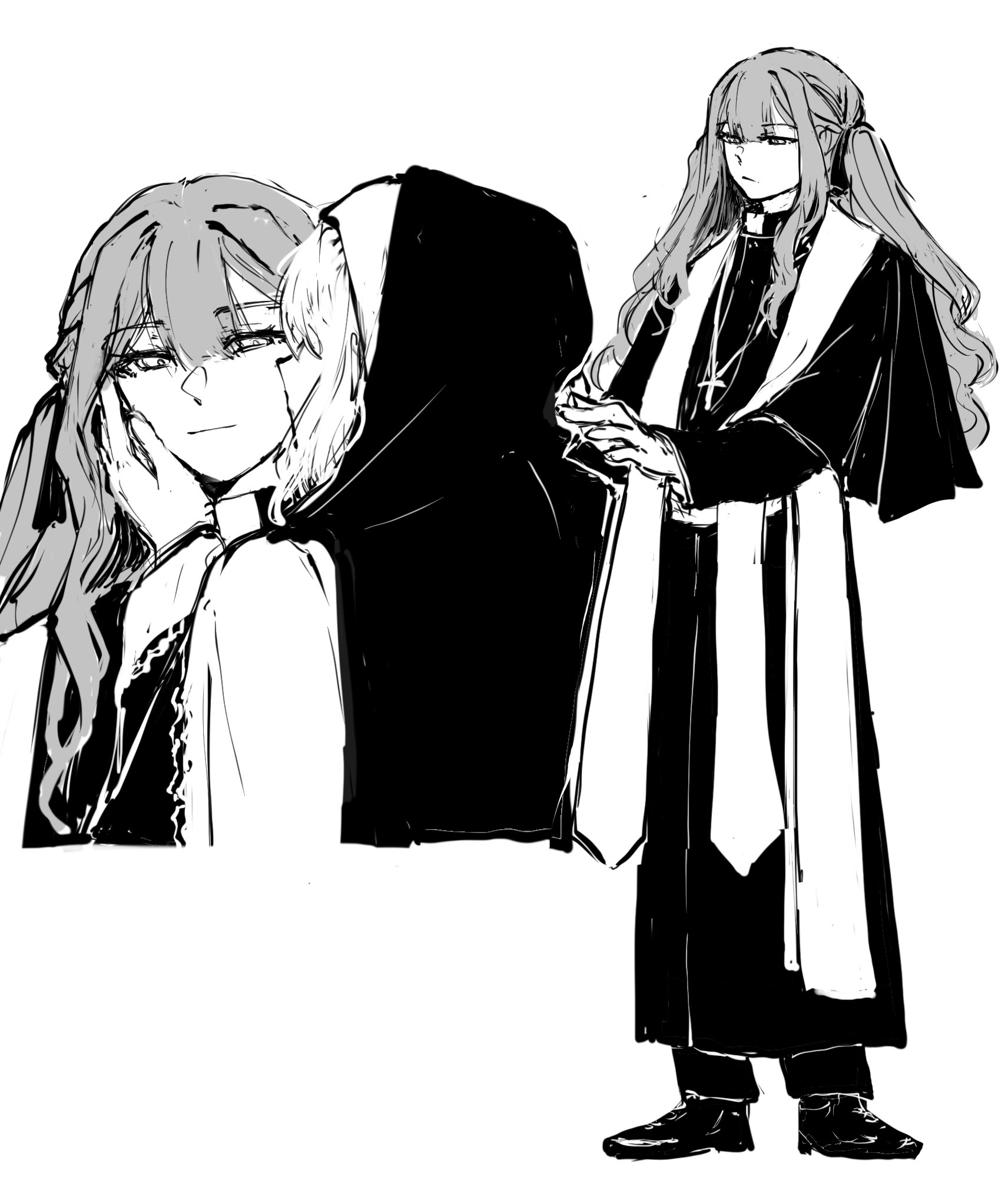 misumi uika, togawa sakiko, bang dream!, bang dream! it's mygo!!!!!, highres, 2girls, closed mouth, cross, cross necklace, expressionless, greyscale, hood, hood up, jewelry, kiss, kissing cheek, long hair, long sleeves, monochrome, multiple girls, necklace, nun, pankoryo, priest, smile, two side up, yuri