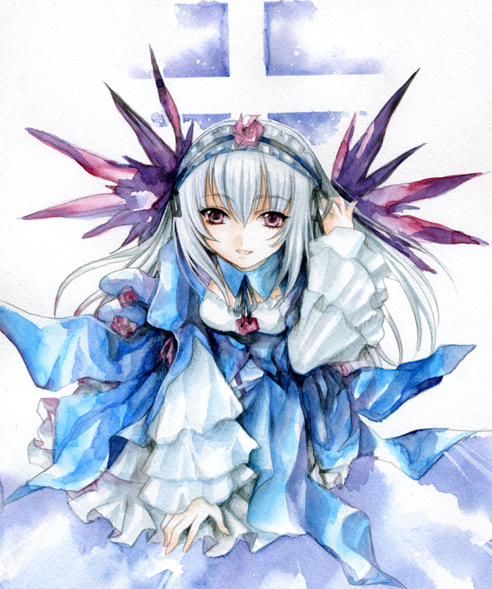 fragran0live, suigintou, rozen maiden, silver hair, painting (medium), traditional media, watercolor (medium), 00s, 1girl, female focus, flower, hairband, purple eyes, smile, solo, white background, window, wings