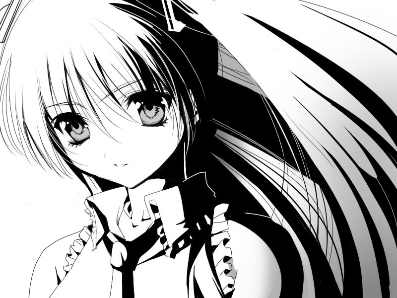 fragran0live, hatsune miku, vocaloid, 1girl, female focus, greyscale, monochrome, necktie, portrait, simple background, solo, twintails, upper body, white background