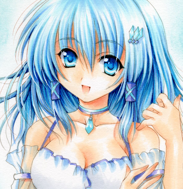fragran0live, original, marker (medium), traditional media, 1girl, blue eyes, blue hair, breasts, choker, detached sleeves, female focus, gradient background, hair ornament, matching hair/eyes, portrait, solo, upper body