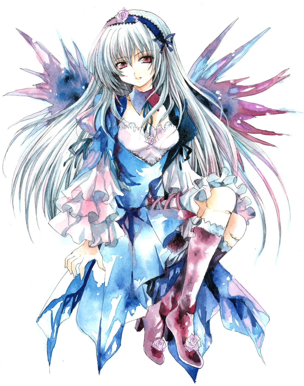 fragran0live, suigintou, rozen maiden, silver hair, highres, painting (medium), traditional media, watercolor (medium), 00s, 1girl, doll joints, dress, female focus, flower, frills, full body, hairband, joints, long hair, purple eyes, solo, white background, wings