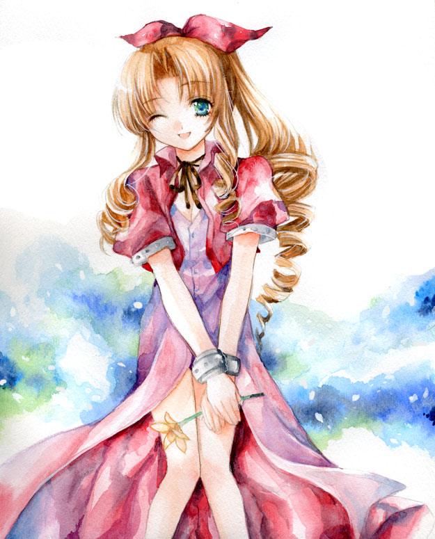 fragran0live, aerith gainsborough, final fantasy, final fantasy vii, painting (medium), traditional media, watercolor (medium), 1990s (style), 1girl, blonde hair, blue eyes, bow, choker, cropped jacket, dress, drill hair, female focus, flower, green eyes, long dress, multicolored eyes, one eye closed, pink bow, pink dress, retro artstyle, ribbon, ribbon choker, smile, solo, v arms, wink