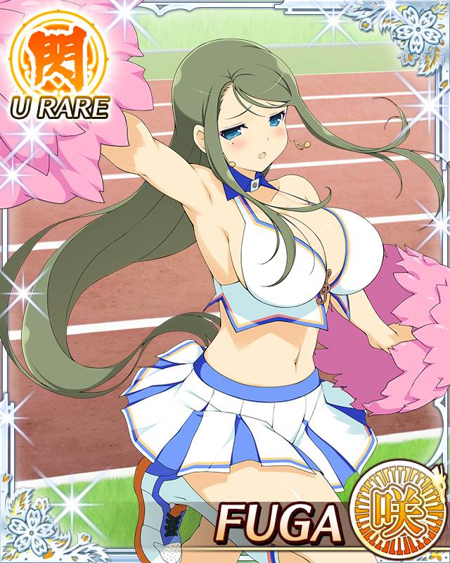 fuga (senran kagura), senran kagura, senran kagura new wave, game cg, official art, 1girl, arm up, armpits, blue eyes, blush, border, breasts, card (medium), character name, cheering, cheerleader, cleavage, crop top, earrings, english text, green hair, holding, holding pom poms, jewelry, large breasts, long hair, midriff, navel, official alternate costume, pleated skirt, pom pom (cheerleading), pom poms, shoes, skirt, sneakers, solo, standing, standing on one leg, swept bangs, treble clef, white skirt