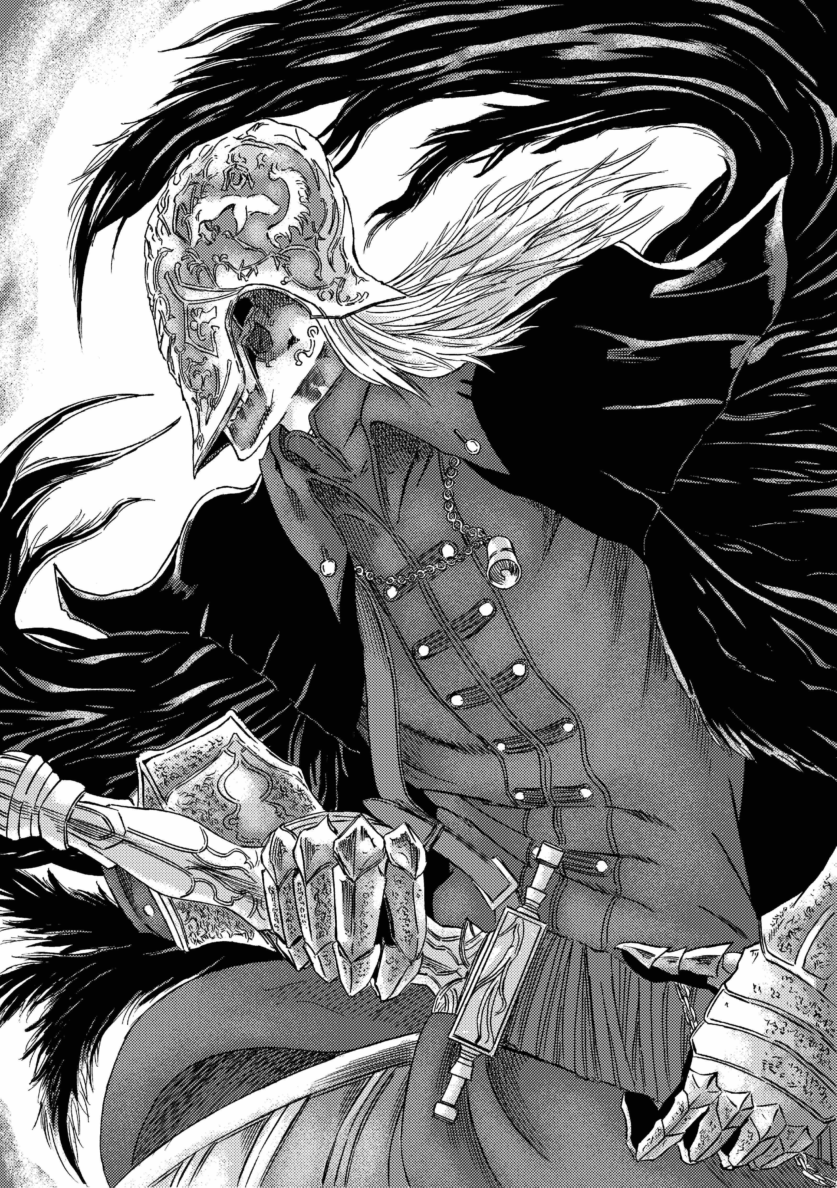 913kousatu, bloody crow of cainhurst, bloodborne, absurdres, commentary request, highres, 1boy, cape, coat, cowboy shot, drawing sword, feathered wings, gauntlets, greyscale, helm, helmet, holding, holding sword, holding weapon, long hair, male focus, monochrome, scabbard, sheath, solo, sword, weapon, wings