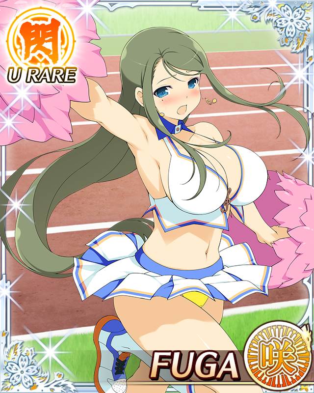 fuga (senran kagura), senran kagura, senran kagura new wave, game cg, official art, 1girl, :o, arm up, armpits, blue eyes, blush, border, breasts, card (medium), character name, cheering, cheerleader, crop top, english text, green hair, holding, holding pom poms, large breasts, long hair, looking at viewer, midriff, mole, mole under eye, navel, official alternate costume, panties, pleated skirt, pom pom (cheerleading), pom poms, running track, shoes, skirt, sneakers, solo, standing, standing on one leg, swept bangs, track and field, underwear, white skirt, wind, wind lift, yellow panties